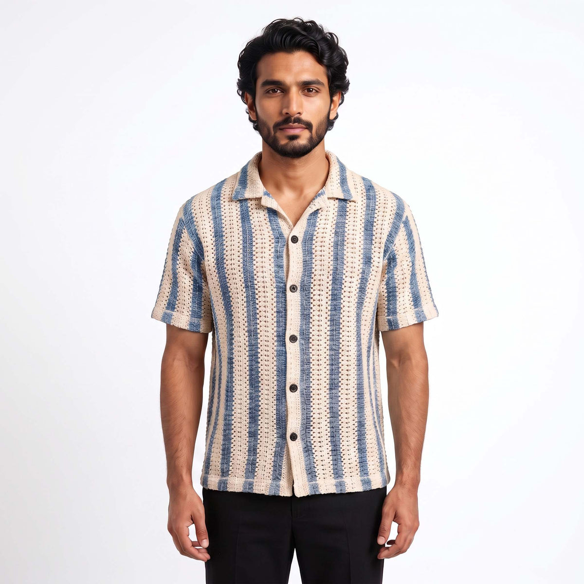 Men’s Coastal Blue Stripe Textured Knit Shirt