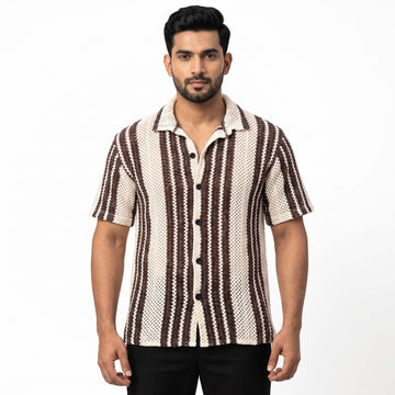 Men’s Cream & Brown Striped Open-Knit Shirt – Short Sleeve