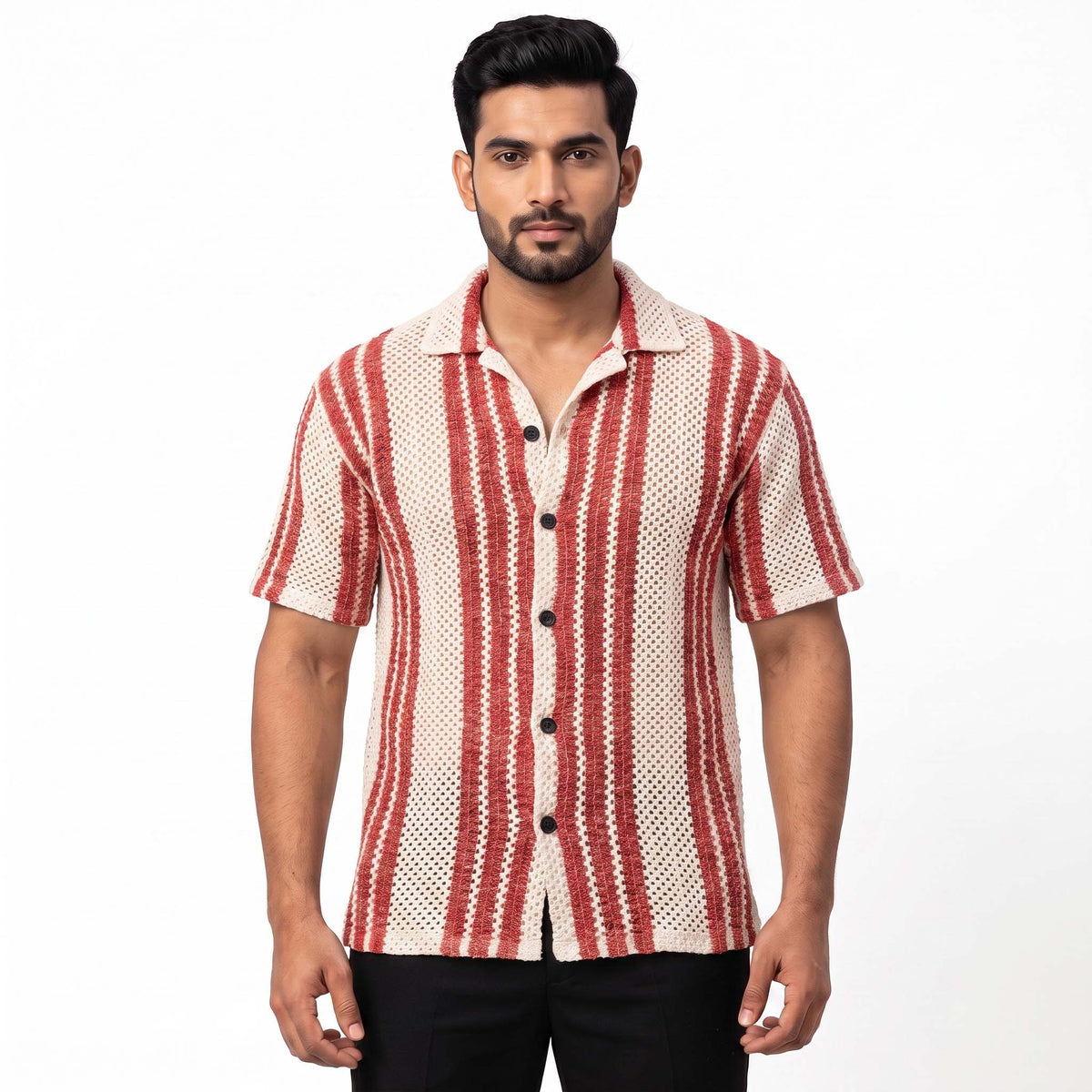Men’s Cream & Rust Red Striped Open-Knit Shirt – Short Sleeve