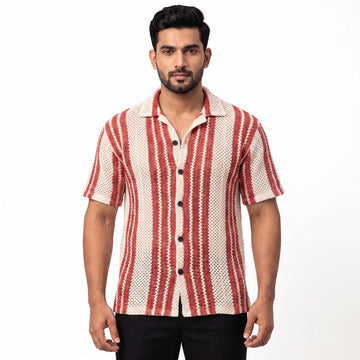 Men’s Cream & Rust Red Striped Open-Knit Shirt – Short Sleeve