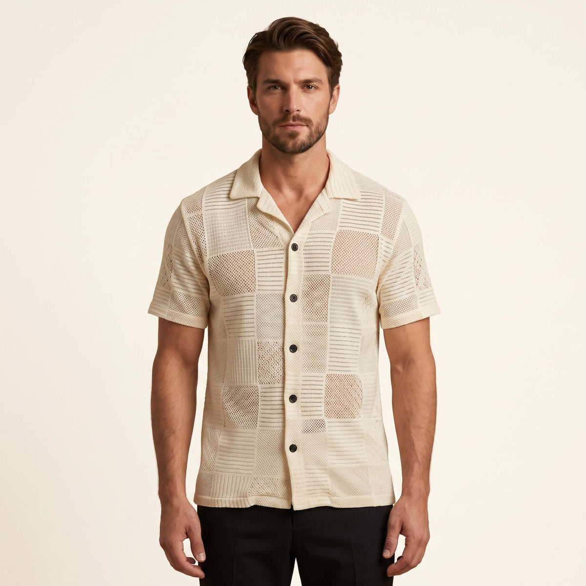 Men’s Ivory Patchwork Open-Knit Short Sleeve Shirt