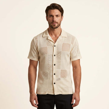 Men’s Ivory Patchwork Open-Knit Short Sleeve Shirt