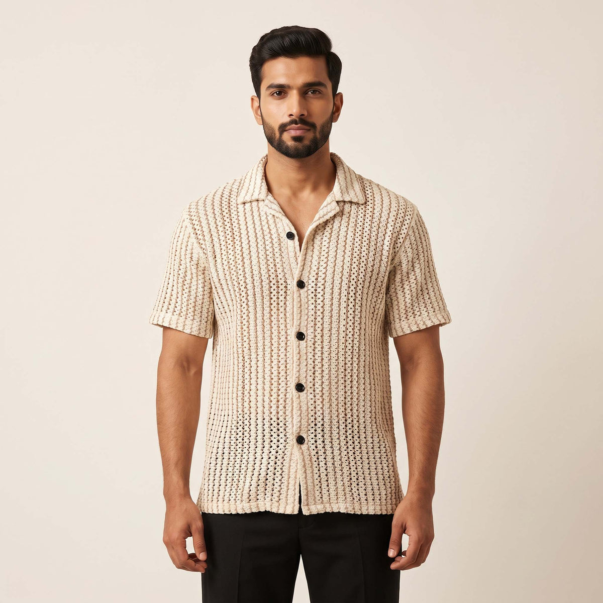 Men’s Ivory Textured Open-Knit Short Sleeve Shirt
