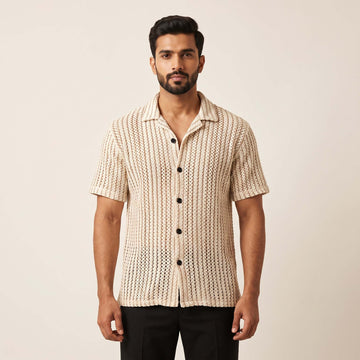 Men’s Ivory Textured Open-Knit Short Sleeve Shirt