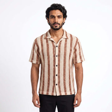 Men’s Mocha Stripe Textured Open-Knit Shirt