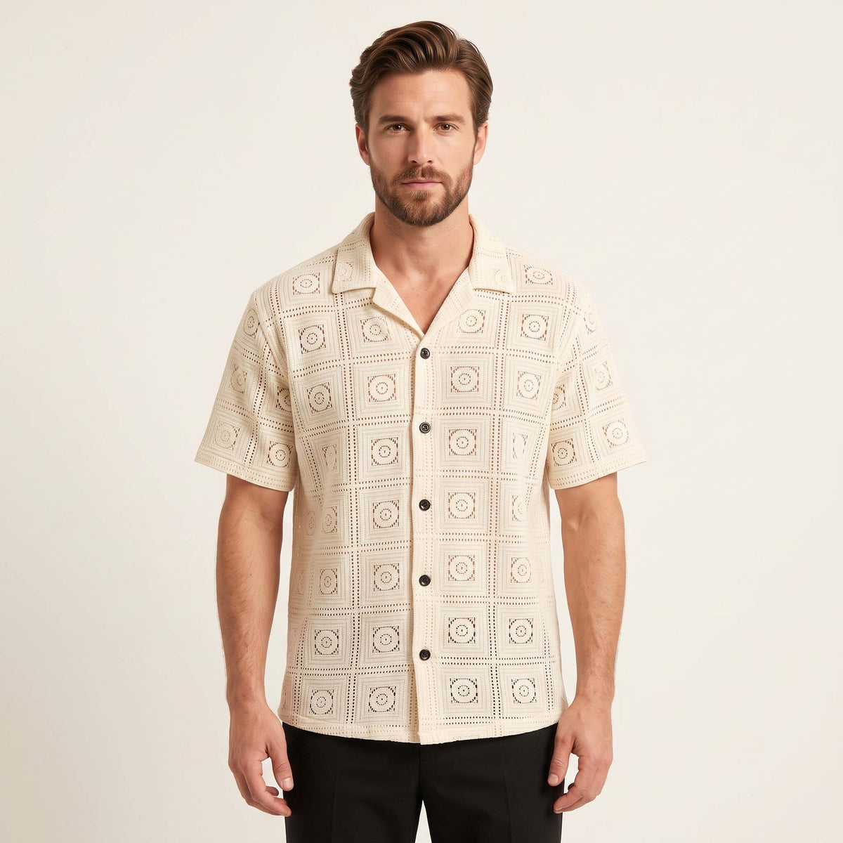 Men’s Ivory Geometric Crochet Knit Short Sleeve Shirt