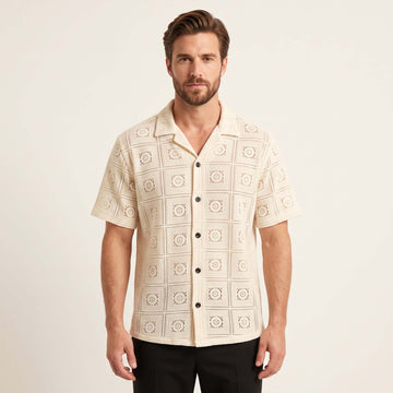 Men’s Ivory Geometric Crochet Knit Short Sleeve Shirt