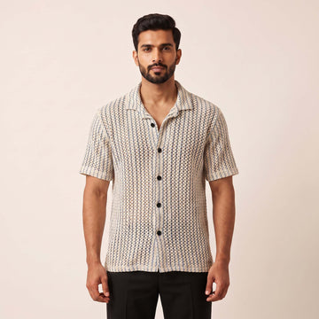 Men’s Ivory Blue Open-Weave Textured Button Shirt