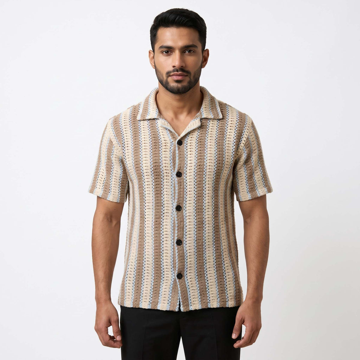 Men’s Coastal Stripe Textured Open-Knit Shirt