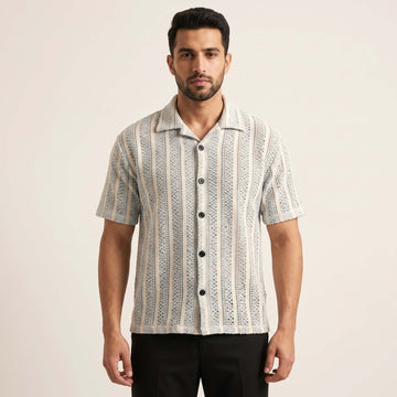 Men’s Sky Blue & Cream Textured Open-Knit Shirt