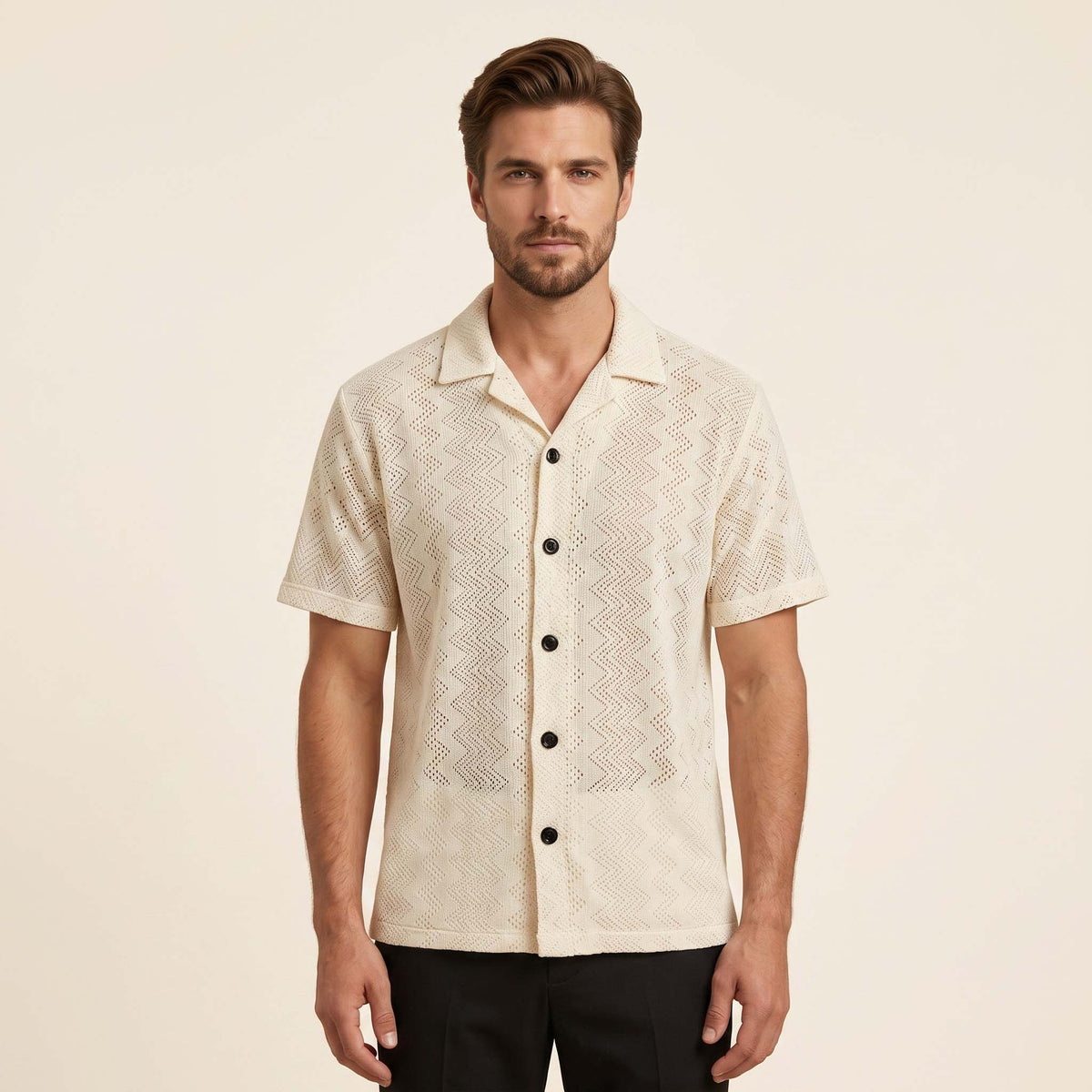 Men’s Ivory Geometric Knit Short Sleeve Shirt