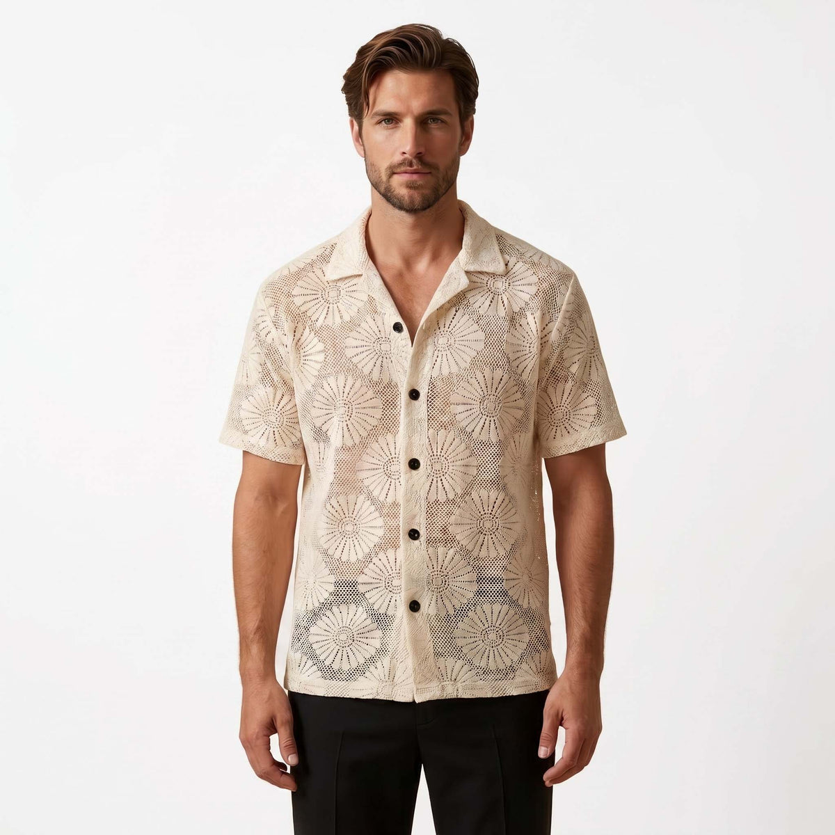 Men’s Ivory Floral Open-Knit Shirt – Short Sleeve Button-Up