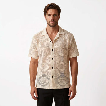 Men’s Ivory Floral Open-Knit Shirt – Short Sleeve Button-Up