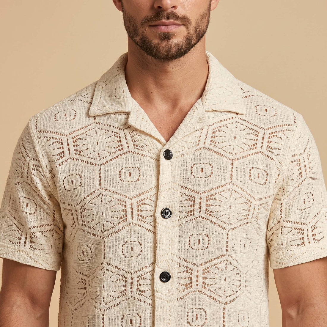 Men’s Ivory Octagonal Open-Knit Short Sleeve Shirt