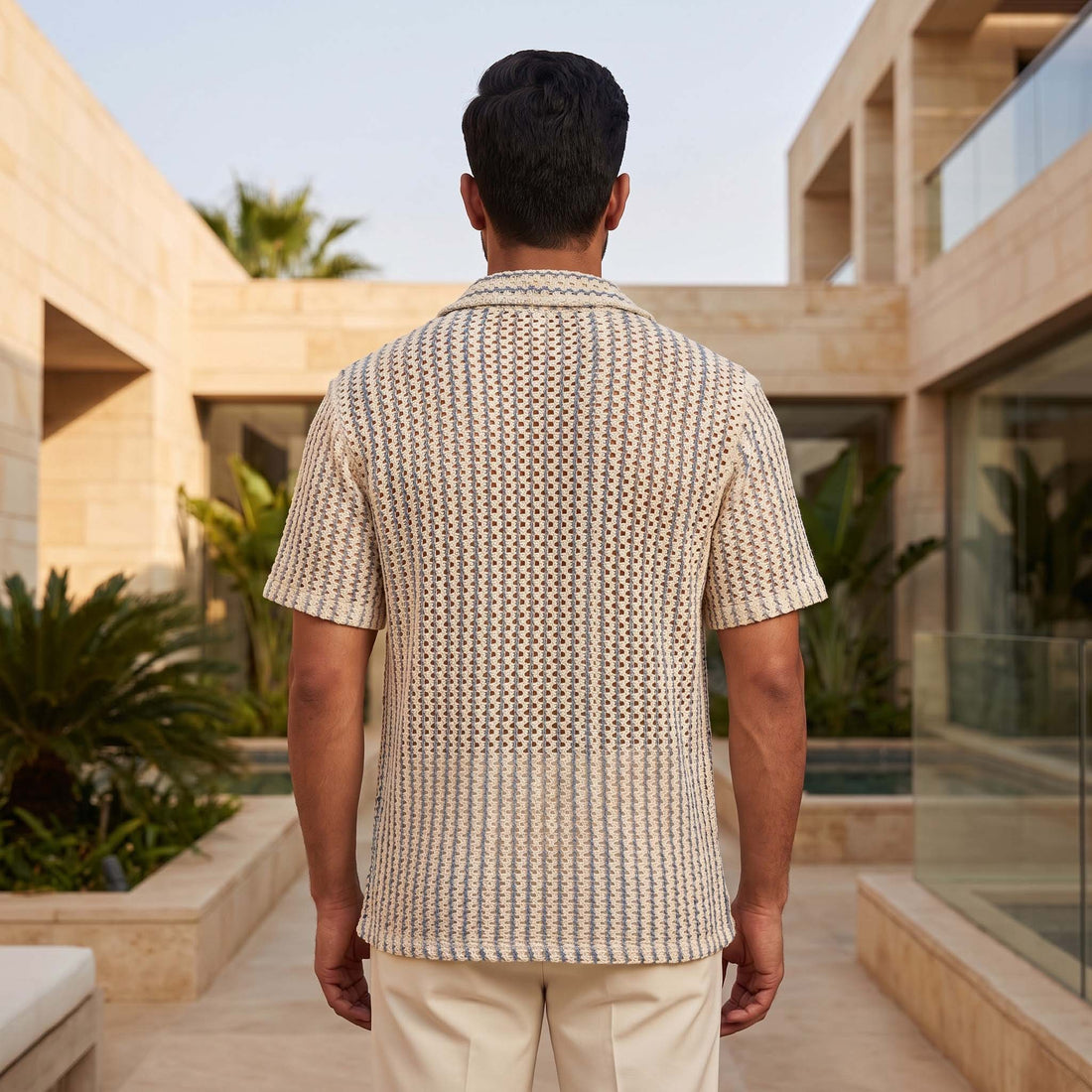 Men’s Ivory Blue Open-Weave Textured Button Shirt