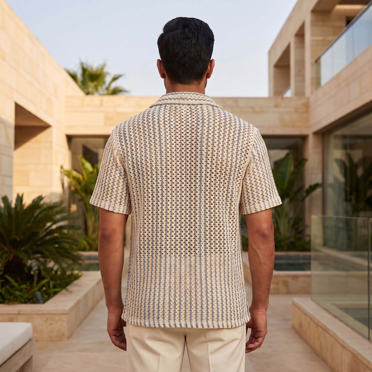Men’s Ivory Blue Open-Weave Textured Button Shirt