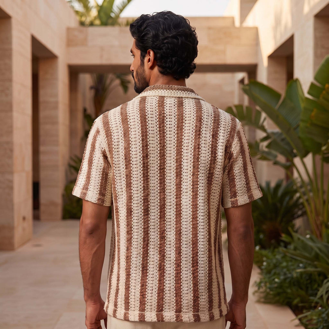 Men’s Mocha Stripe Textured Open-Knit Shirt
