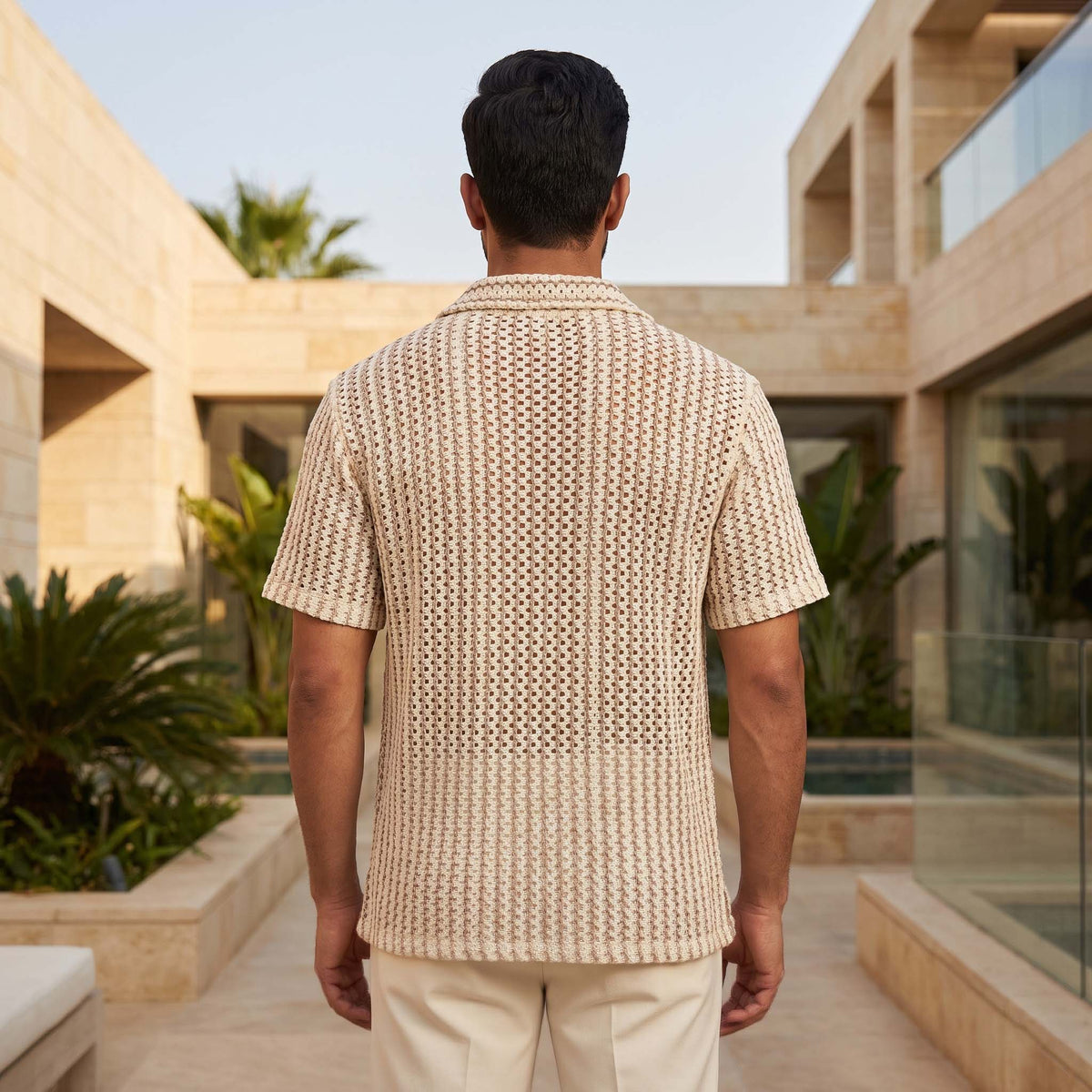 Men’s Ivory Textured Open-Knit Short Sleeve Shirt