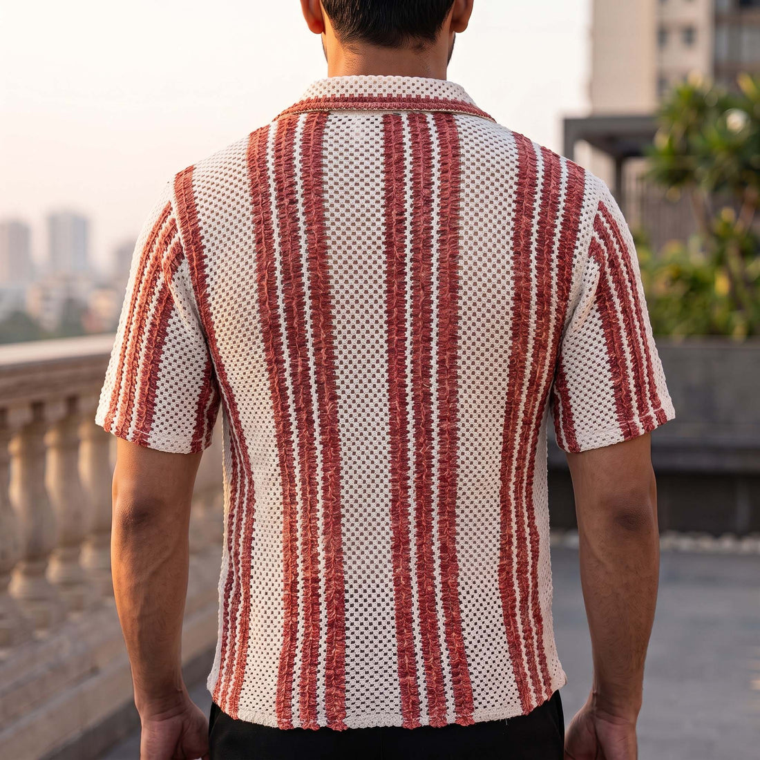Men’s Cream & Rust Red Striped Open-Knit Shirt – Short Sleeve