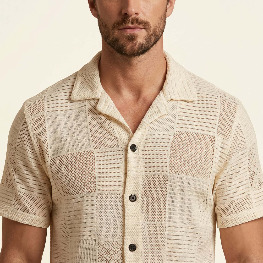 Men’s Ivory Patchwork Open-Knit Short Sleeve Shirt