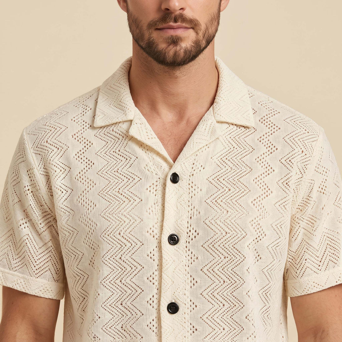 Men’s Ivory Geometric Knit Short Sleeve Shirt