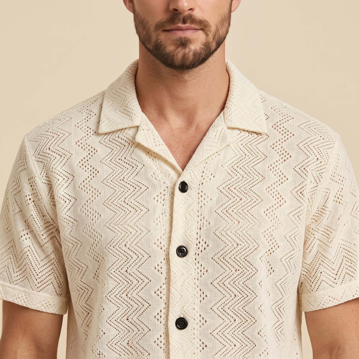 Men’s Ivory Geometric Knit Short Sleeve Shirt