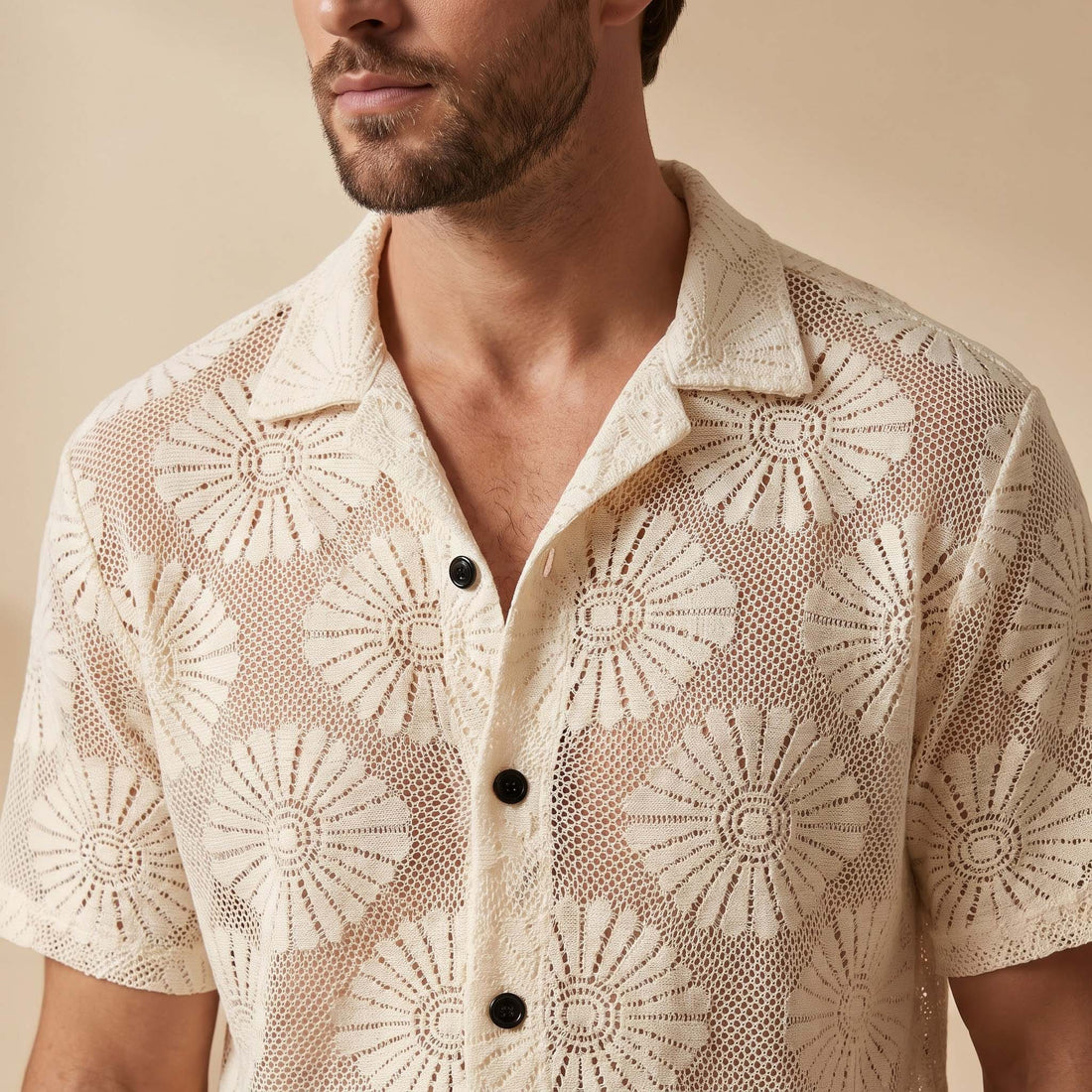 Men’s Ivory Floral Open-Knit Shirt – Short Sleeve Button-Up