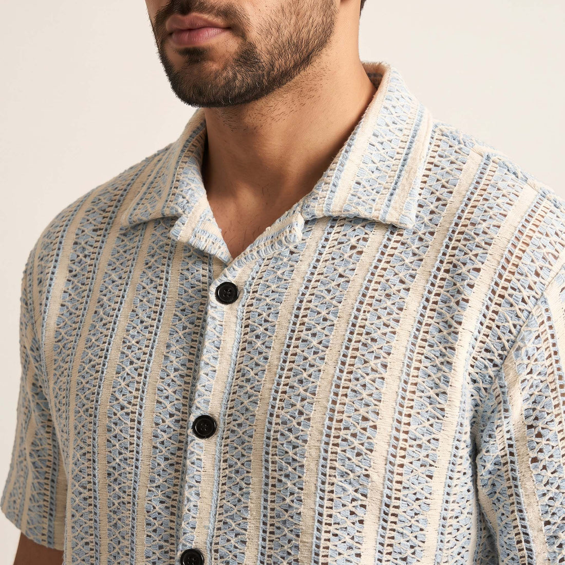 Men’s Sky Blue & Cream Textured Open-Knit Shirt