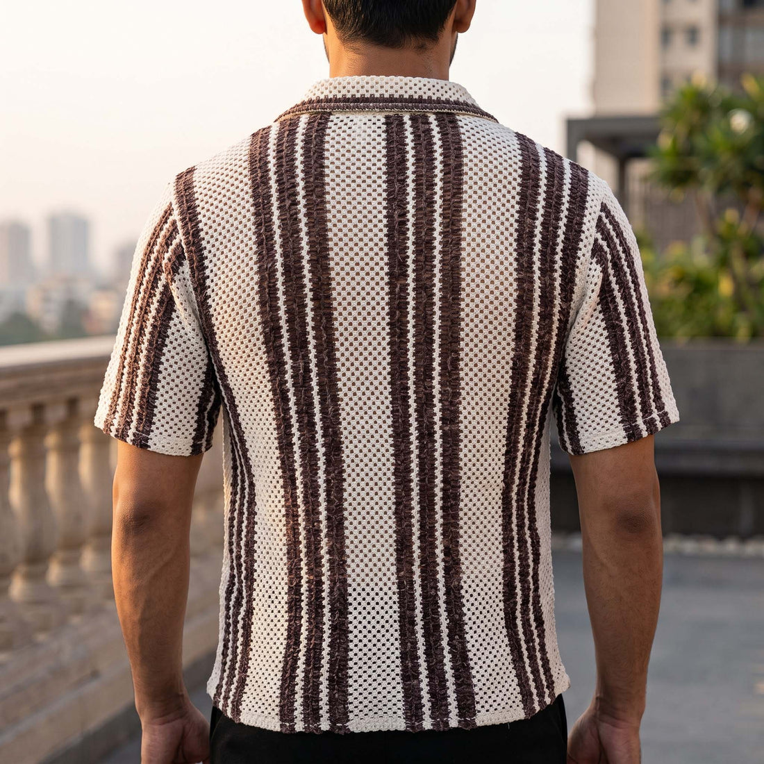 Men’s Cream & Brown Striped Open-Knit Shirt – Short Sleeve