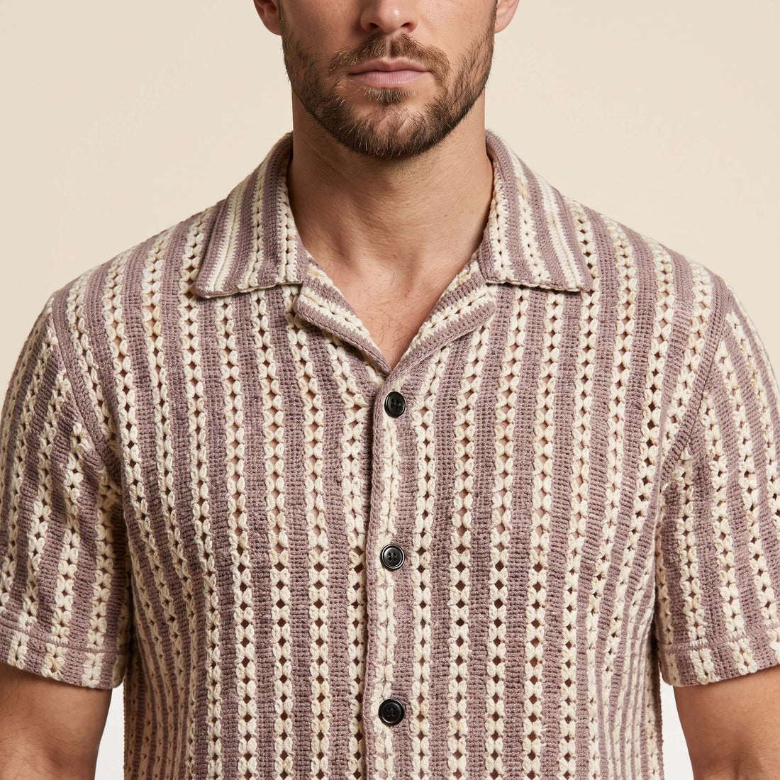 Men’s Mauve & Ivory Vertical Stripe Textured Knit Shirt