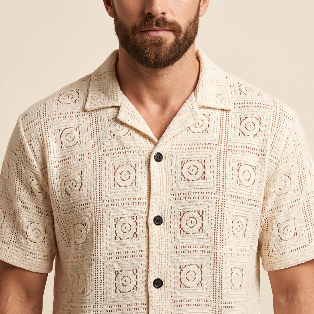 Men’s Ivory Geometric Crochet Knit Short Sleeve Shirt