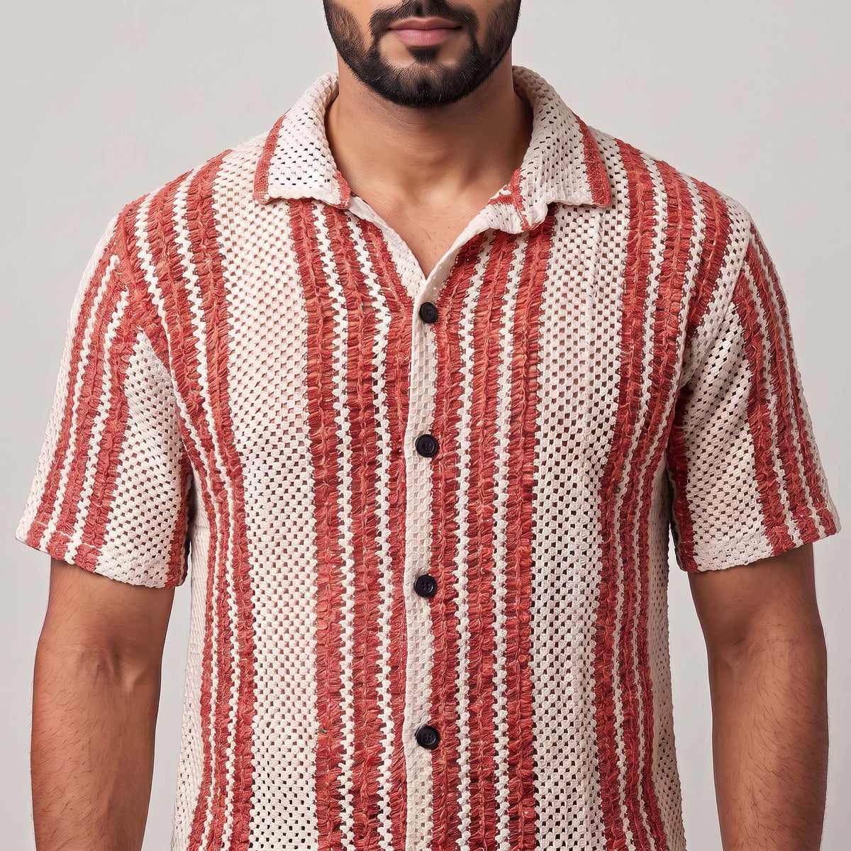 Men’s Cream & Rust Red Striped Open-Knit Shirt – Short Sleeve