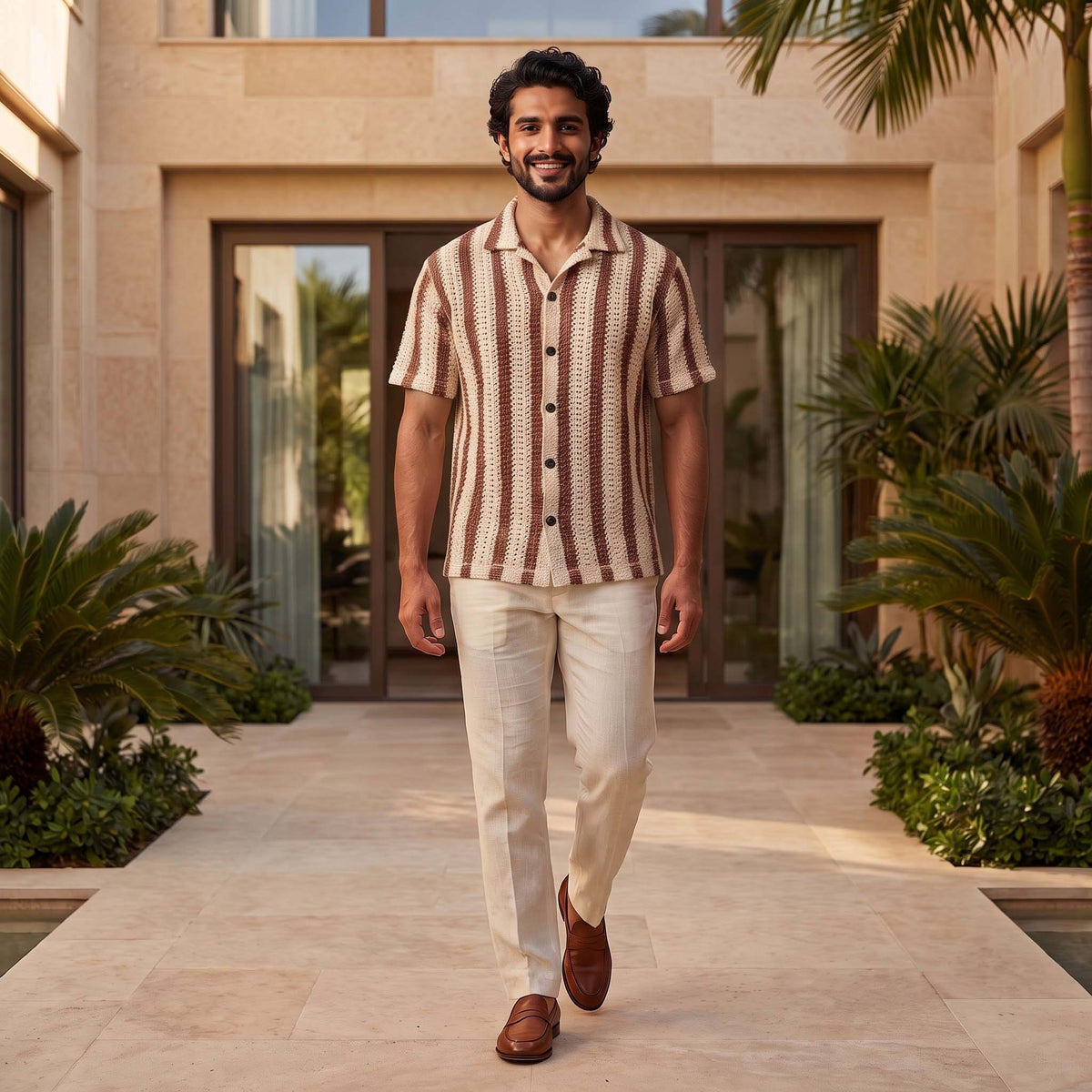 Men’s Mocha Stripe Textured Open-Knit Shirt