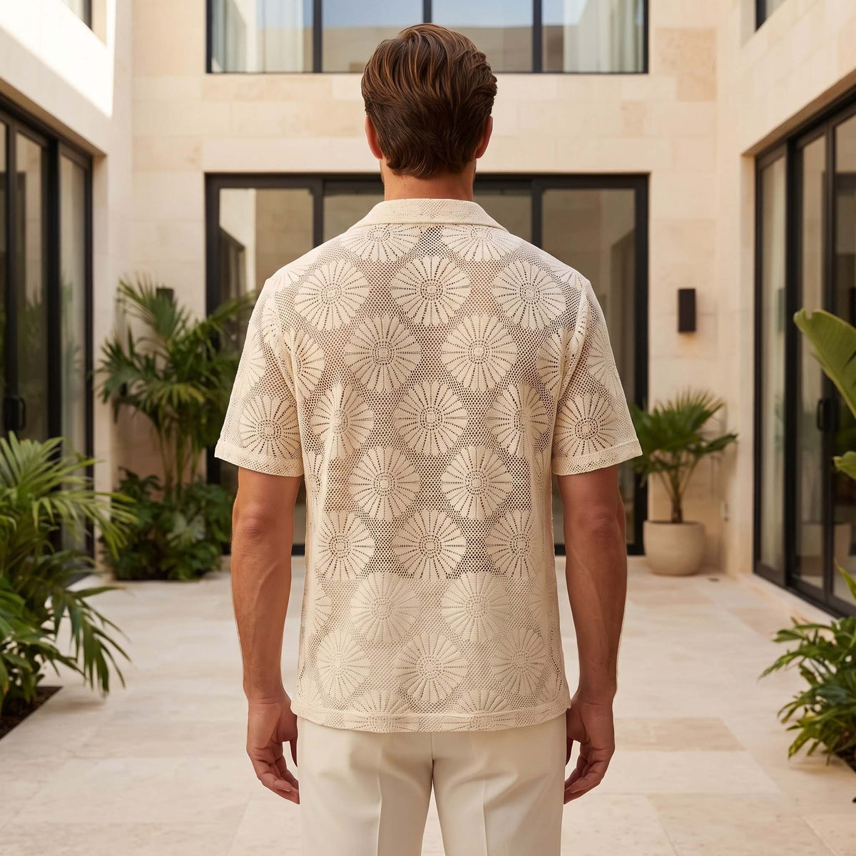 Men’s Ivory Floral Open-Knit Shirt – Short Sleeve Button-Up