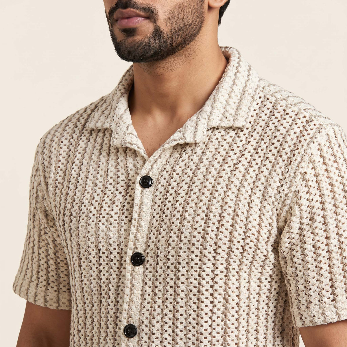 Men’s Ivory Textured Open-Knit Short Sleeve Shirt