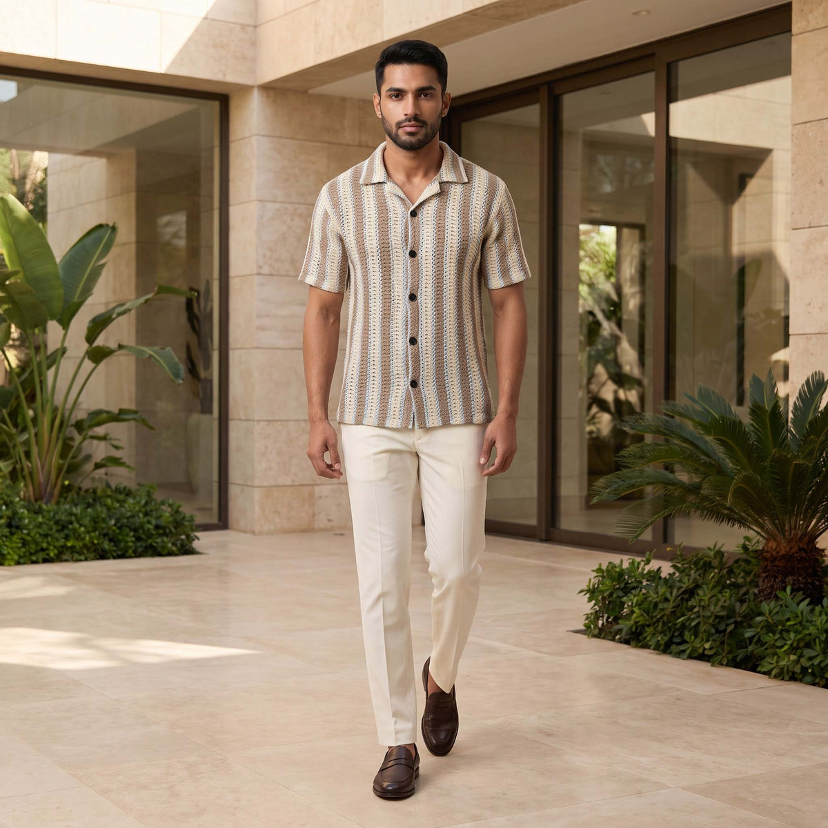 Men’s Coastal Stripe Textured Open-Knit Shirt