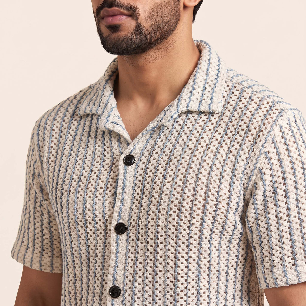 Men’s Ivory Blue Open-Weave Textured Button Shirt