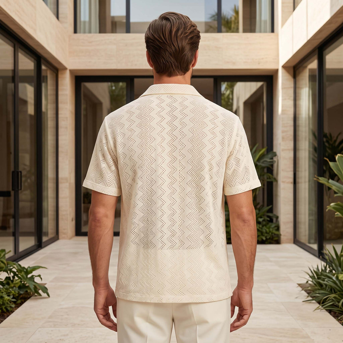 Men’s Ivory Geometric Knit Short Sleeve Shirt
