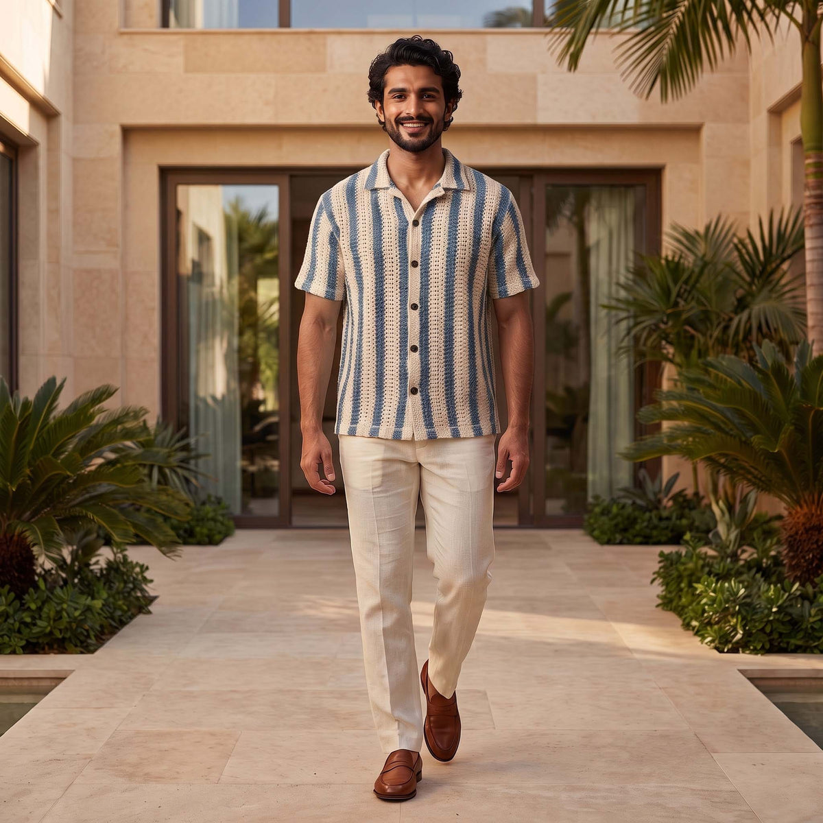 Men’s Coastal Blue Stripe Textured Knit Shirt