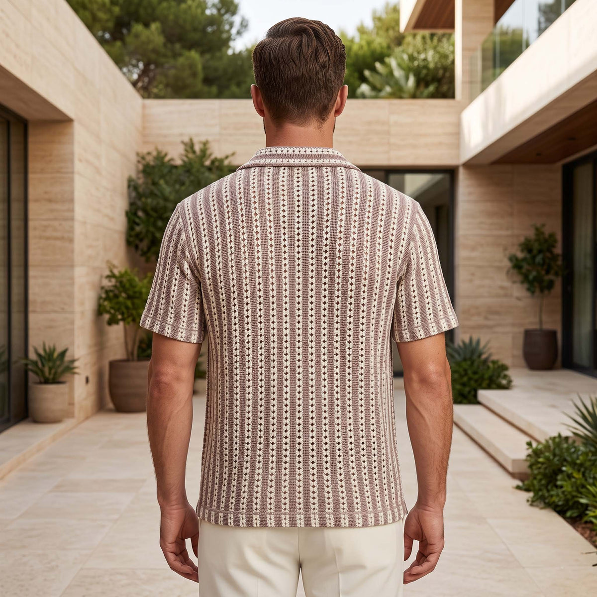 Men’s Mauve & Ivory Vertical Stripe Textured Knit Shirt