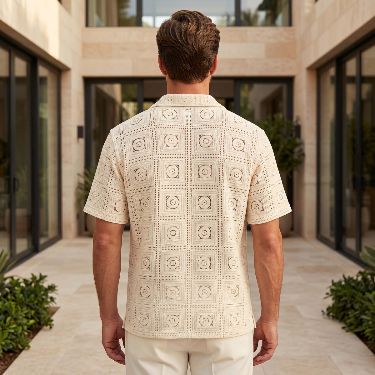Men’s Ivory Geometric Crochet Knit Short Sleeve Shirt