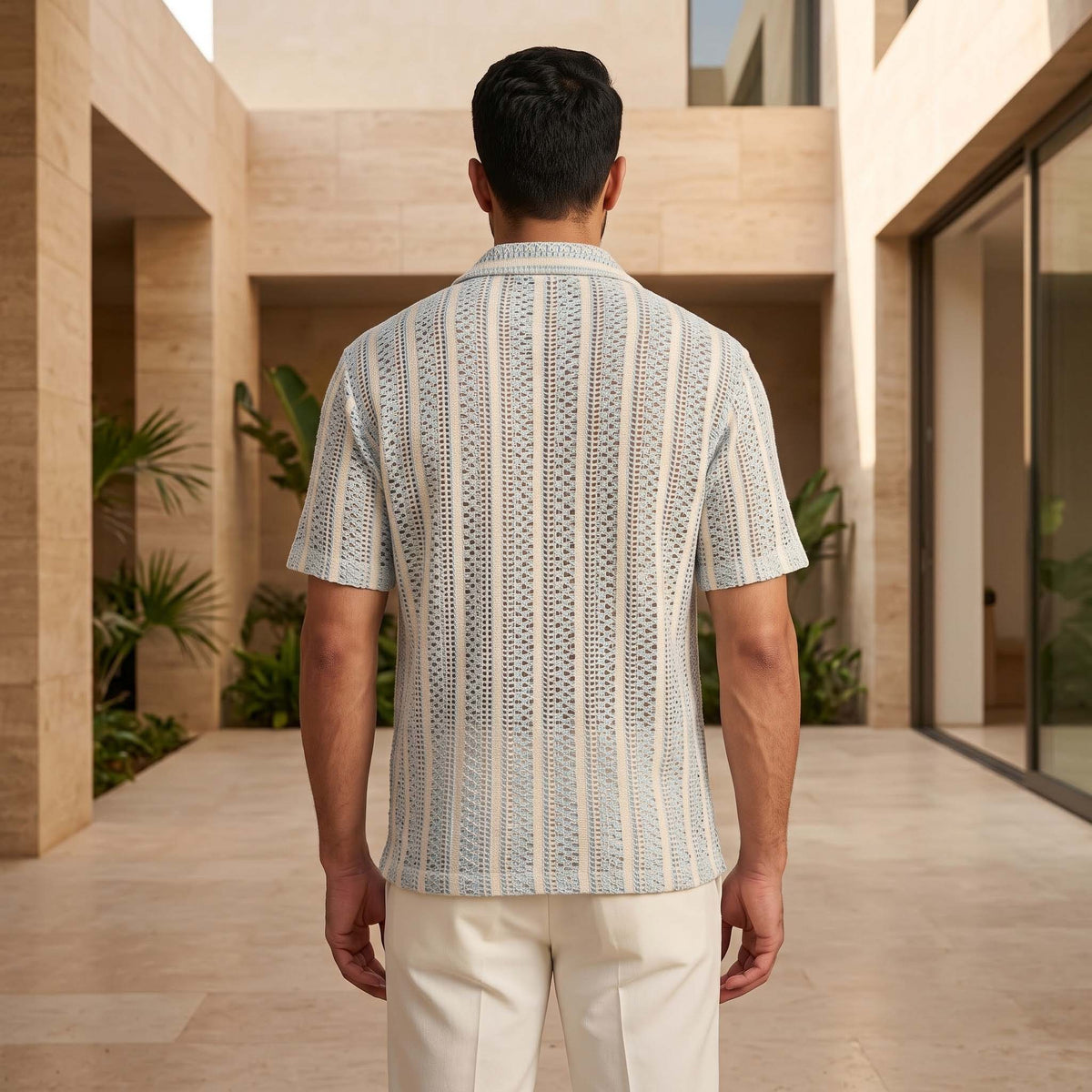 Men’s Sky Blue & Cream Textured Open-Knit Shirt
