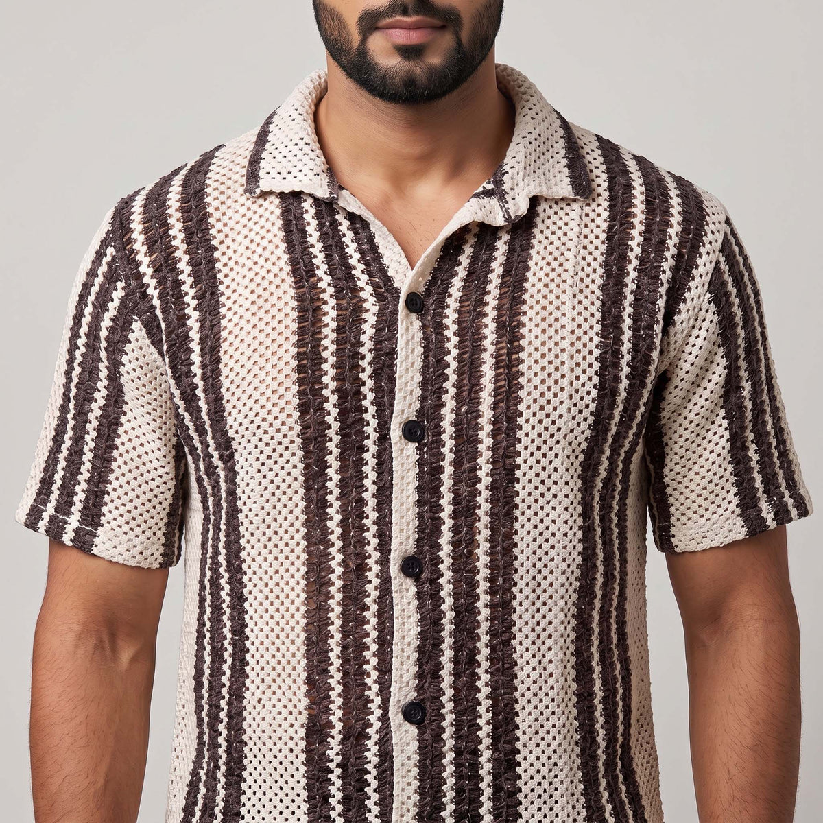 Men’s Cream & Brown Striped Open-Knit Shirt – Short Sleeve