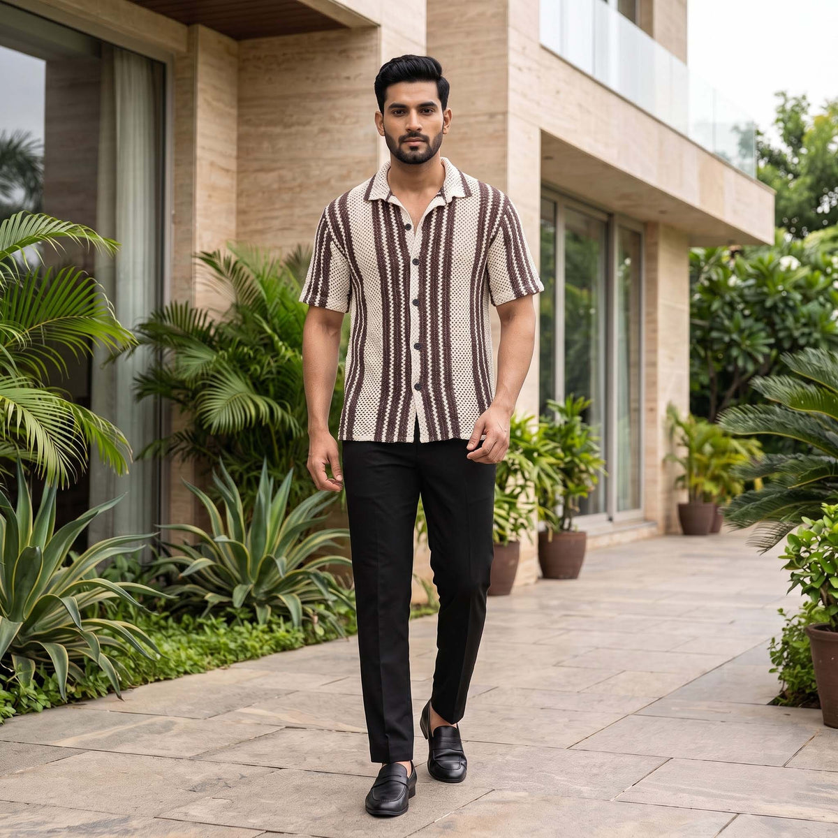 Men’s Cream & Brown Striped Open-Knit Shirt – Short Sleeve