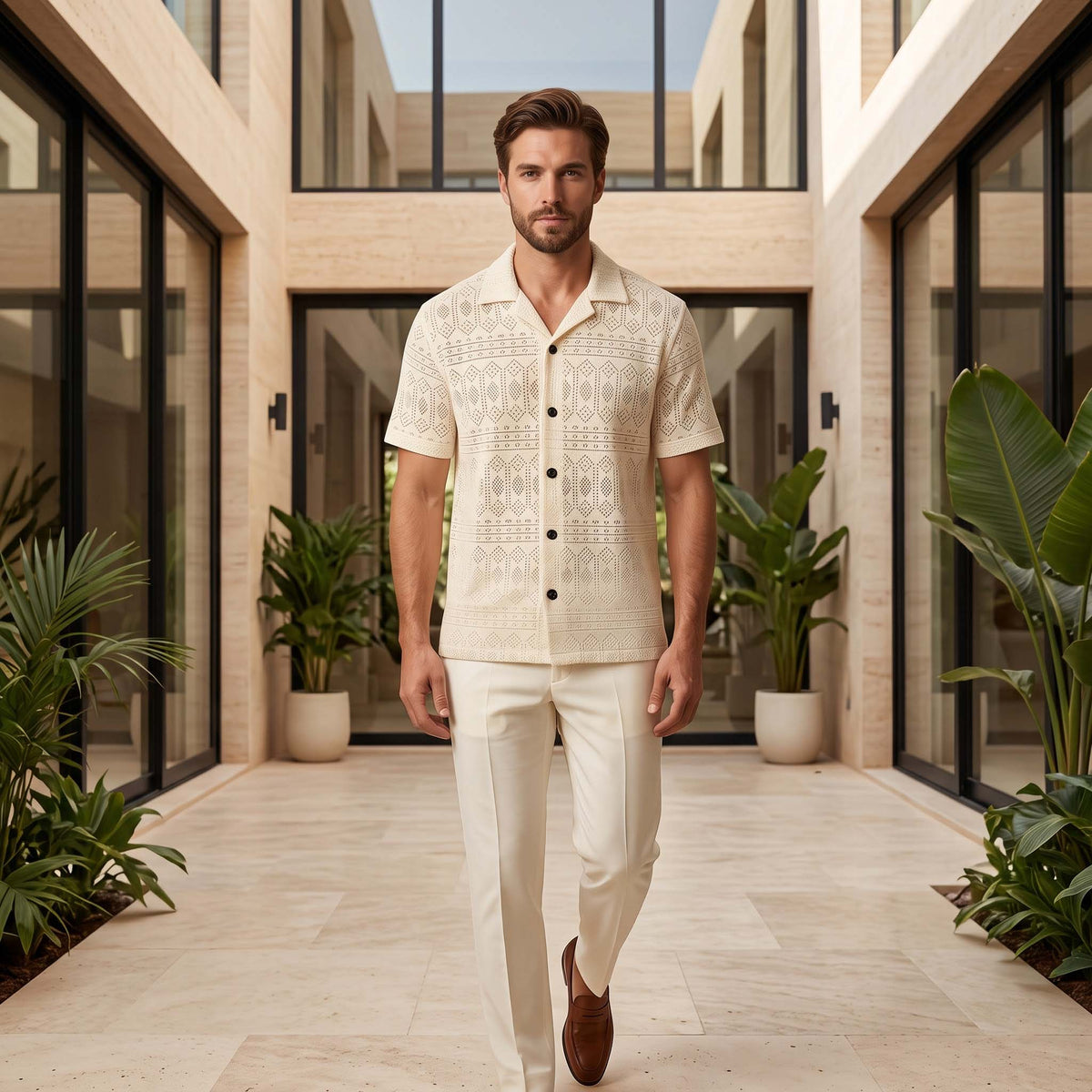 Men’s Ivory Heritage Geometric Knit Shirt