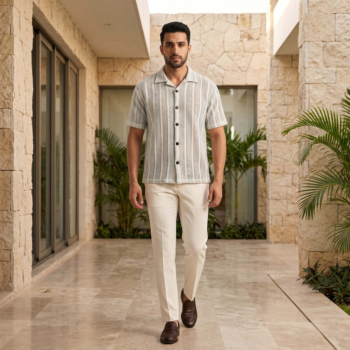 Men’s Sky Blue & Cream Textured Open-Knit Shirt