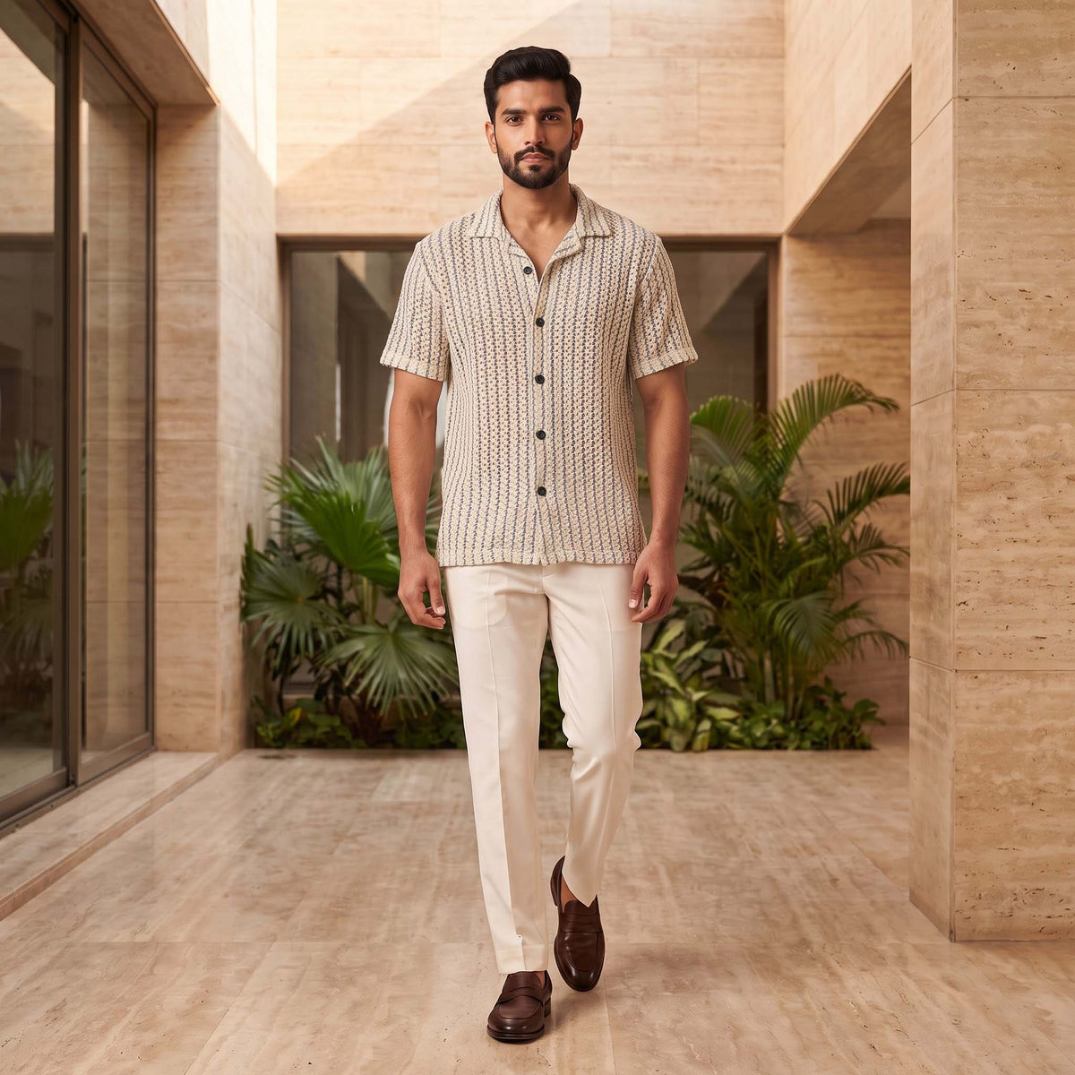 Men’s Ivory Blue Open-Weave Textured Button Shirt