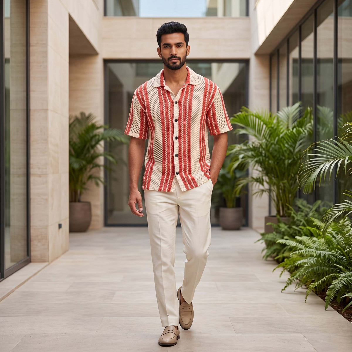 Men’s Cream & Rust Red Striped Open-Knit Shirt – Short Sleeve