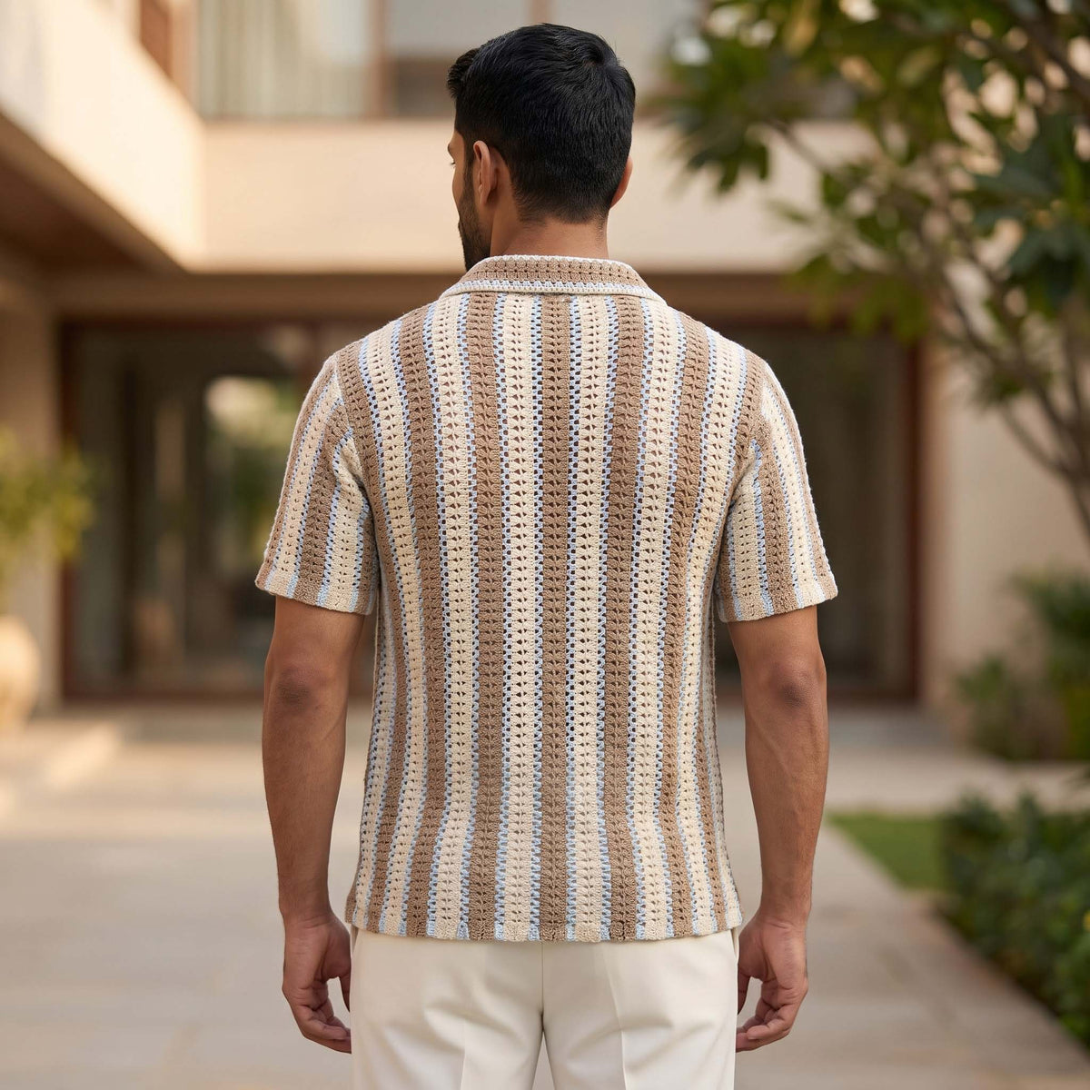 Men’s Coastal Stripe Textured Open-Knit Shirt