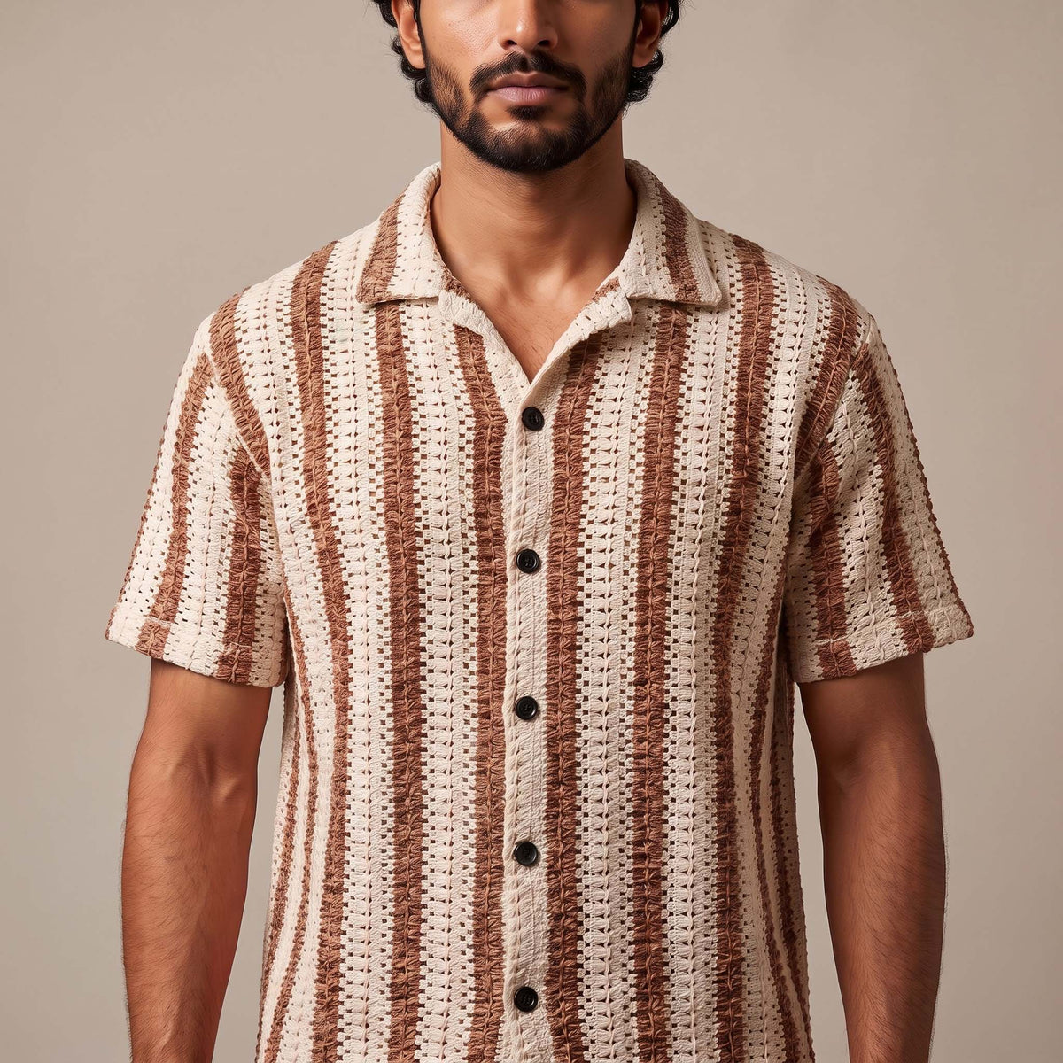 Men’s Mocha Stripe Textured Open-Knit Shirt